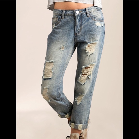 Pol Distressed Straight Fitted Denim Jean Med Wash - Picture 2 of 4